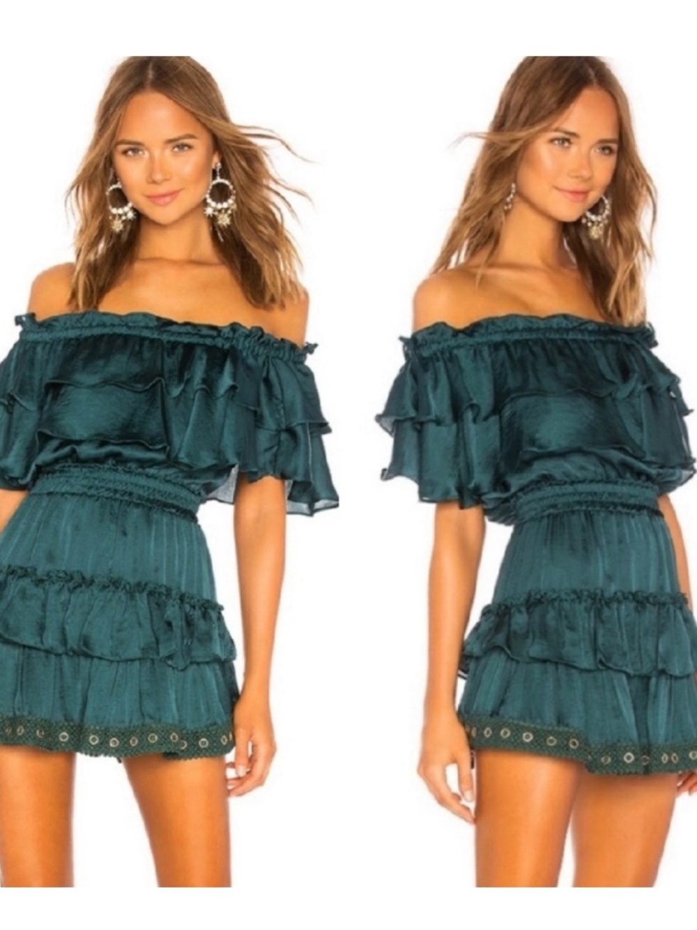 Misa Los Angeles Teal Off-Shoulder Ruffle Mini Dress